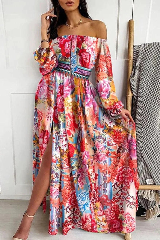 Floral Print Off-Shoulder Long Sleeve Maxi Dress