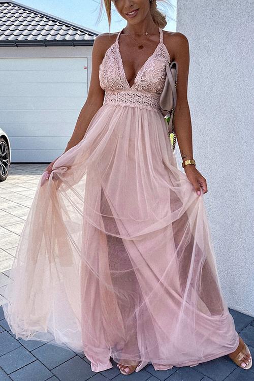 Halter Crochet Lace Mesh Backless Maxi Dress GOMINGLO