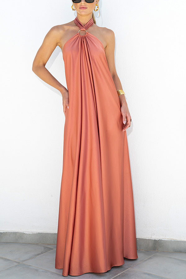 Halter Neck Backless A-Line Silk Maxi Dress GOMINGLO