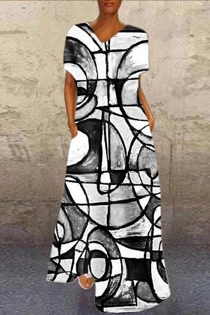 Printed V-Neck Short Sleeve Maxi Dress