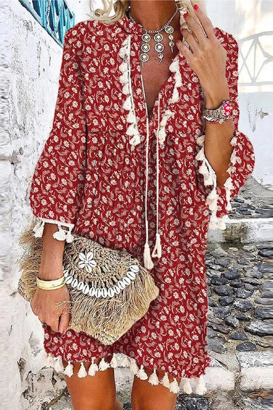 Elegant Loose V-Neck Printed Mini Dress