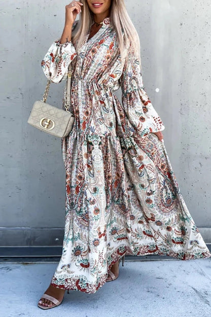 Elegant Printed V-Neck Maxi Dress