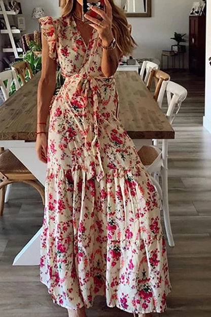 Sleeveless V-Neck Floral Print Midi Dress