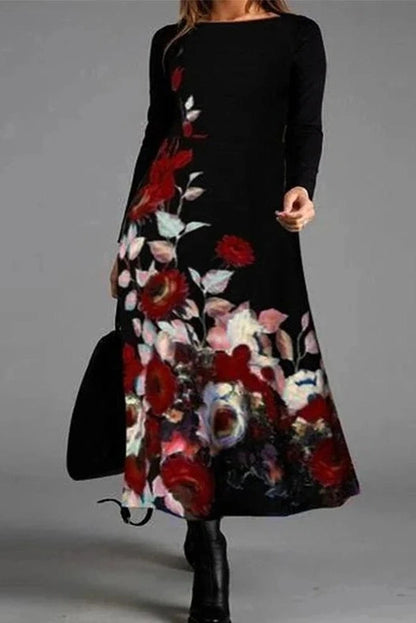 Printed Long Sleeve O-Neck Midi Dress