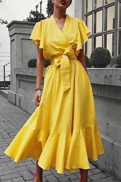 Elegant V-Neck Short Sleeve Midi Dress