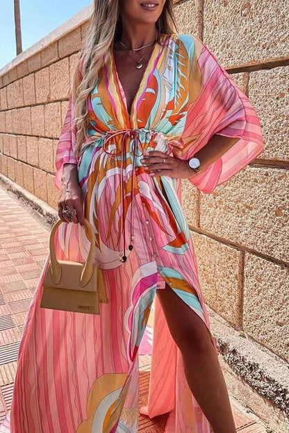 V-Neck Long Sleeve Printed Maxi Dress