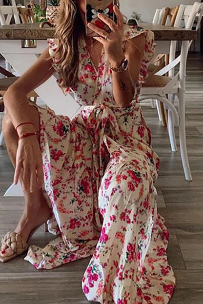 Sleeveless V-Neck Floral Print Midi Dress