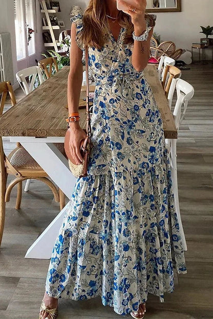 Sleeveless V-Neck Floral Print Midi Dress