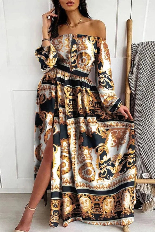 Floral Print Off-Shoulder Long Sleeve Maxi Dress