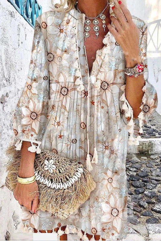 Elegant Loose V-Neck Printed Mini Dress