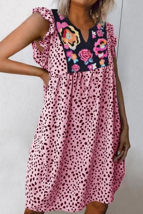 Leopard Flower Printed Butterfly Sleeves V-Neck Mini Dress GOMINGLO