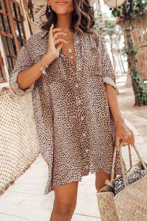 Leopard Print Single-Breasted Loose Shirt Mini Dress GOMINGLO