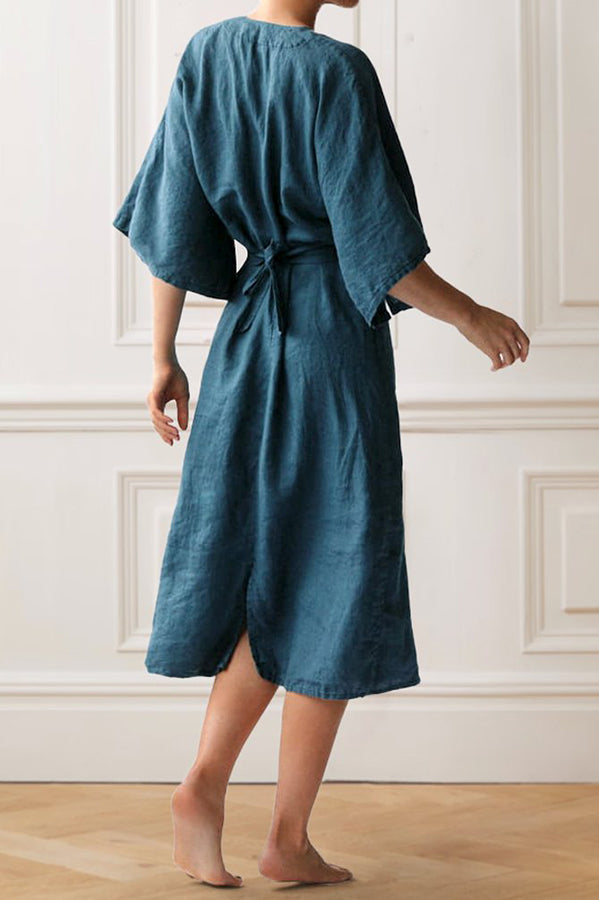 Linen V-Neck Flare Sleeve Solid Minimalist Vintage Midi Dress GOMINGLO