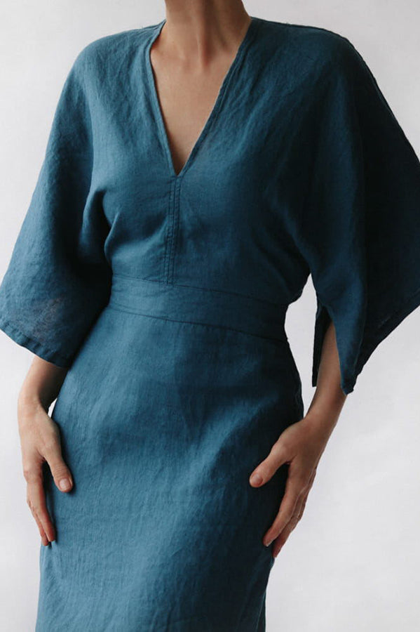 Linen V-Neck Flare Sleeve Solid Minimalist Vintage Midi Dress GOMINGLO