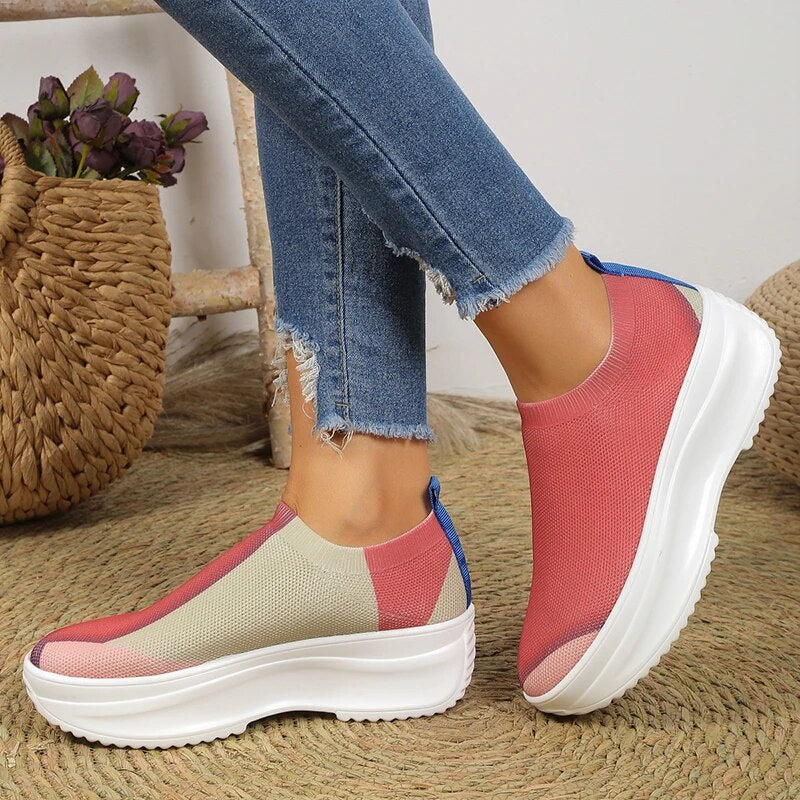 Mix Color Knitted Chunky Breathable Platform Sneakers for Women GOMINGLO