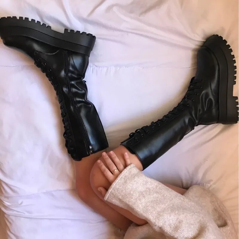 New Fashion Chunky Platform  Autumn Winter PU Leather Knee High Boots for Women GOMINGLO