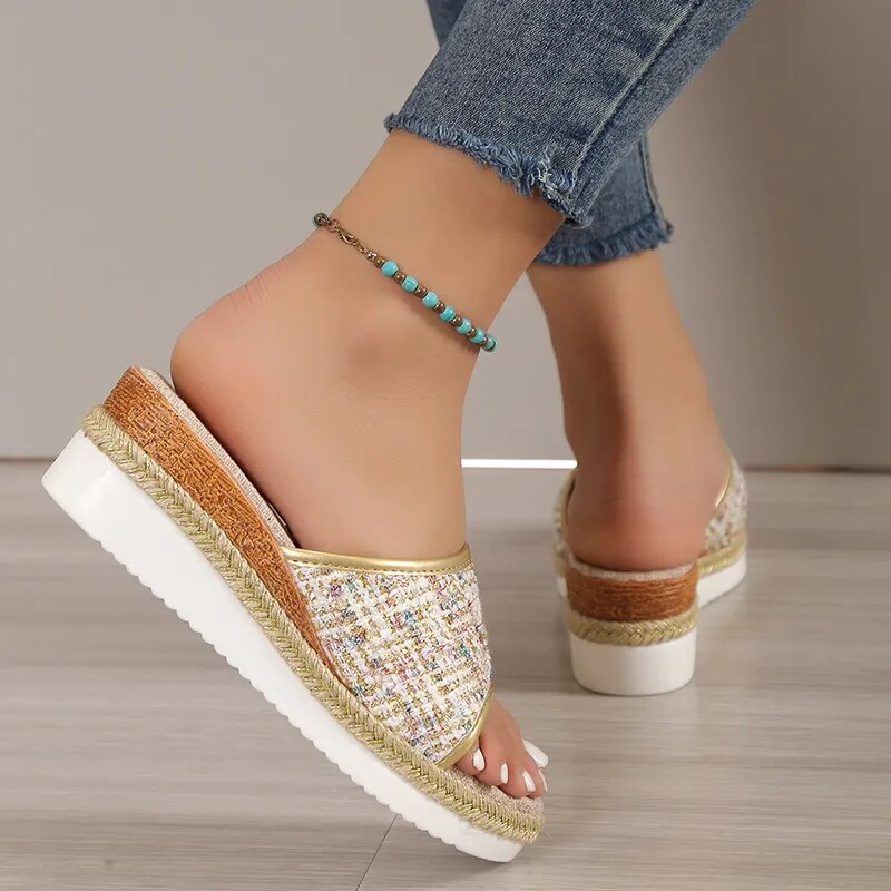 New Fashion Striped Canvas Wedge Platform Slippers for Women GOMINGLO