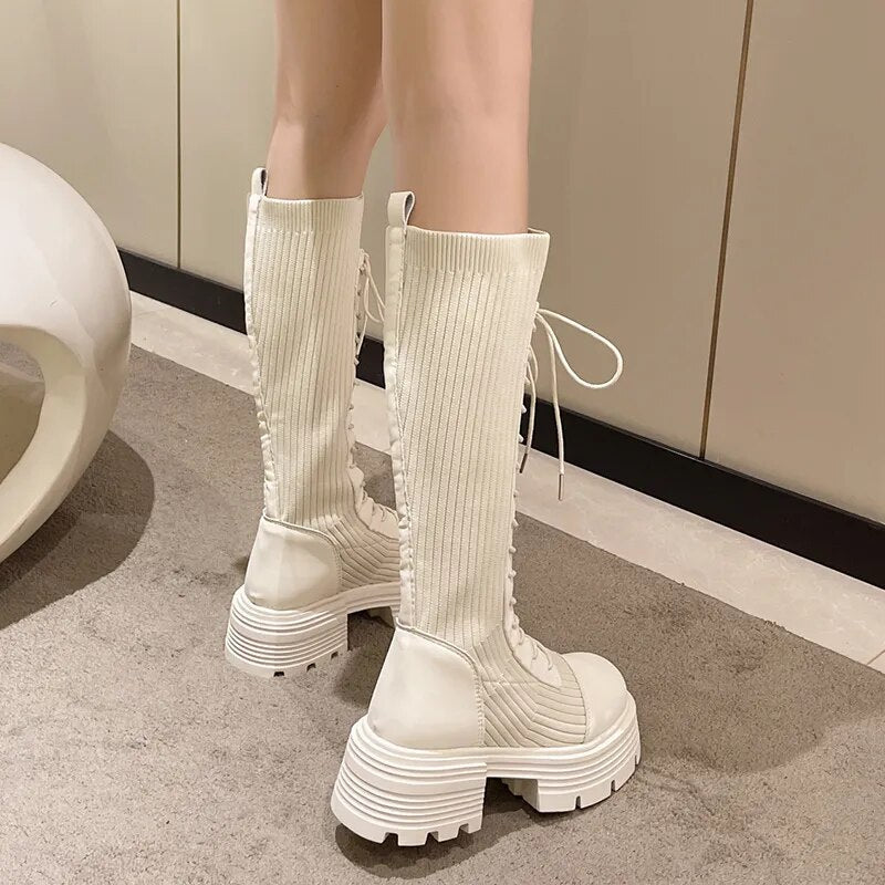 New Stretch Knitted Style Chunky Platform Autumn Winter High Knee Boots for Women GOMINGLO