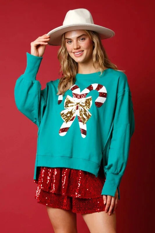 New Women's Christmas O-Neck Pullover Sweet Sequined Thin Versatile Top Long Sleeve Sweatshirt GOMINGLO