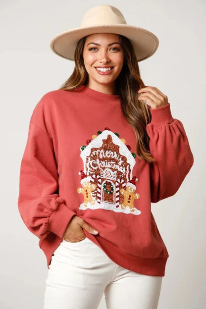 New Women's Christmas O-Neck Pullover Sweet Sequined Thin Versatile Top Long Sleeve Sweatshirt GOMINGLO