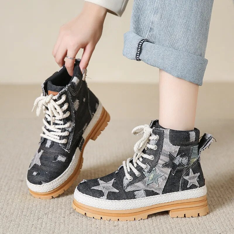 New Women's Denim Fashion Winter Outdoor Ankle Straw Boots GOMINGLO