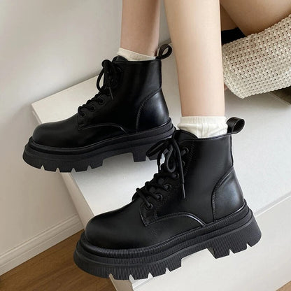 New Women's Platform PU Leather Thick Sole Autumn Winter Ankle Boots GOMINGLO