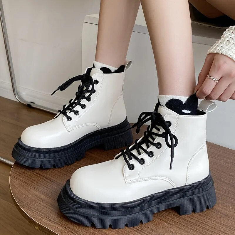 New Women's Platform PU Leather Thick Sole Autumn Winter Ankle Boots GOMINGLO