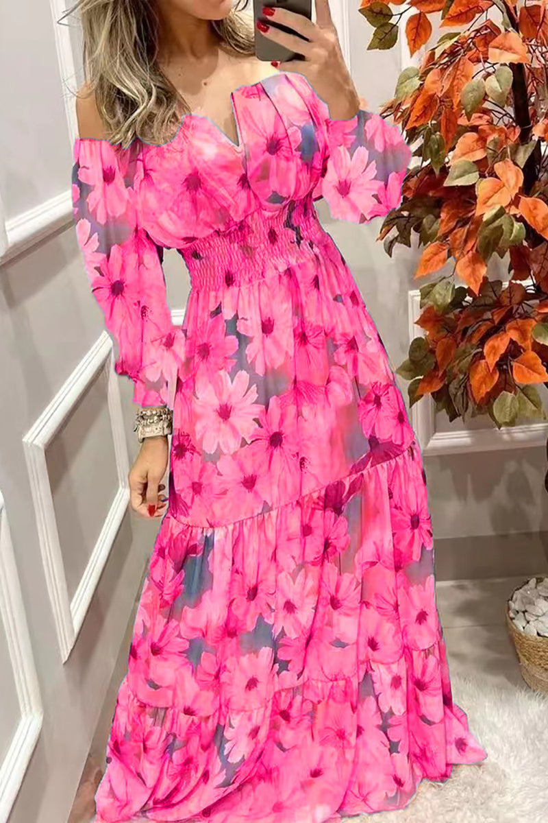 Off-Shoulder Floral V-Neck Bohemian Maxi Dress GOMINGLO