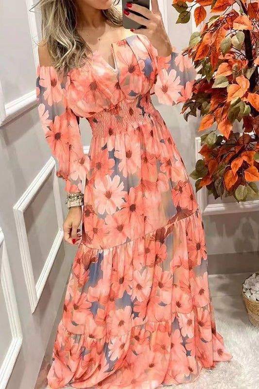 Off-Shoulder Floral V-Neck Bohemian Maxi Dress GOMINGLO