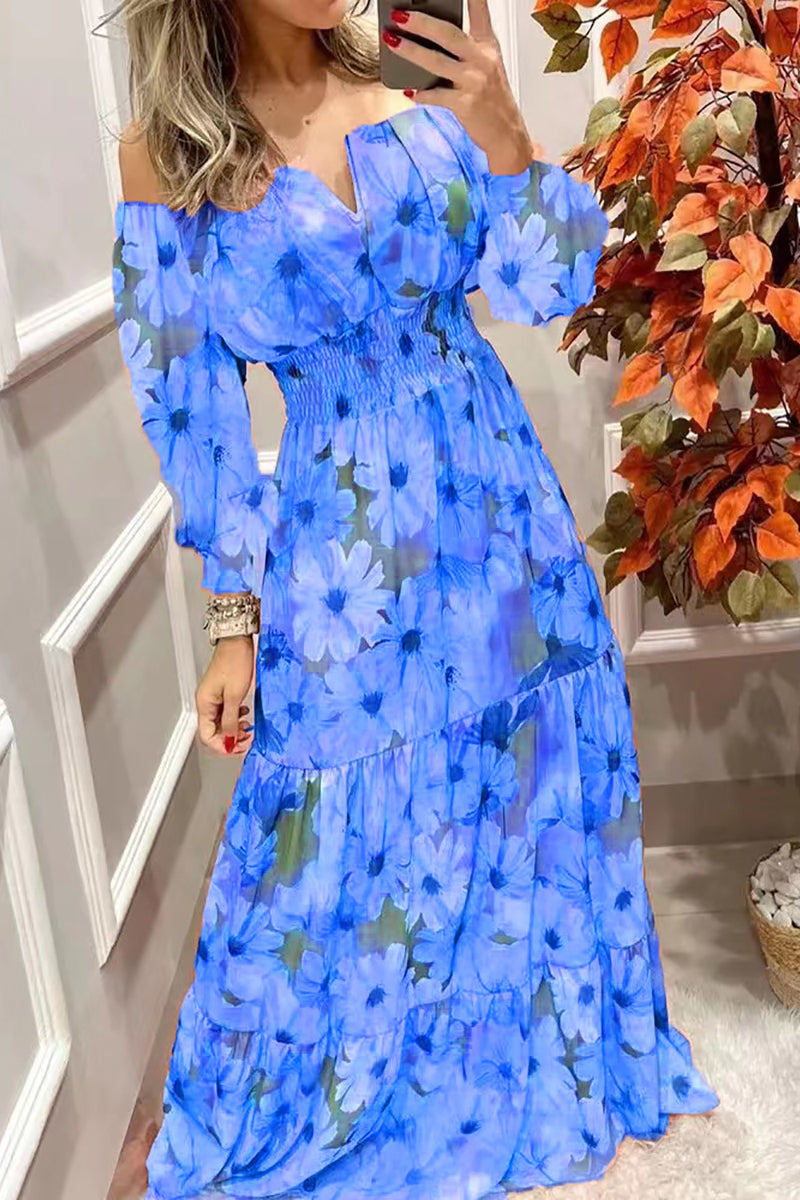 Off-Shoulder Floral V-Neck Bohemian Maxi Dress GOMINGLO