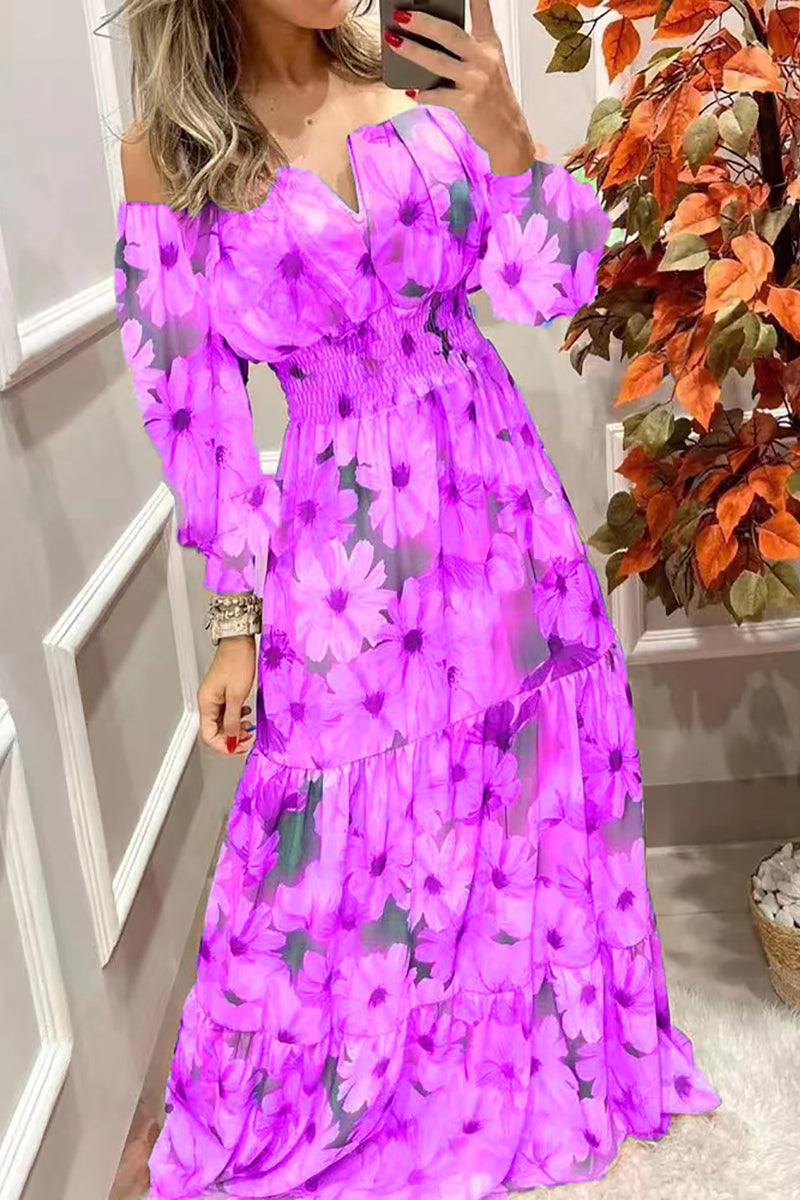 Off-Shoulder Floral V-Neck Bohemian Maxi Dress GOMINGLO