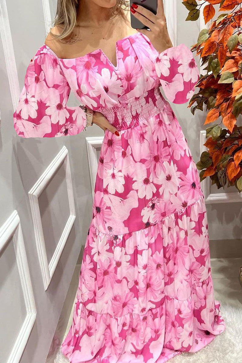 Off-Shoulder Floral V-Neck Bohemian Maxi Dress GOMINGLO