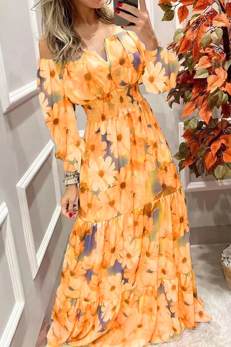 Off-Shoulder Floral V-Neck Bohemian Maxi Dress GOMINGLO