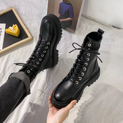 PU Leather Autumn Winter Round Toe Lace Up Ankle Boots for Women GOMINGLO