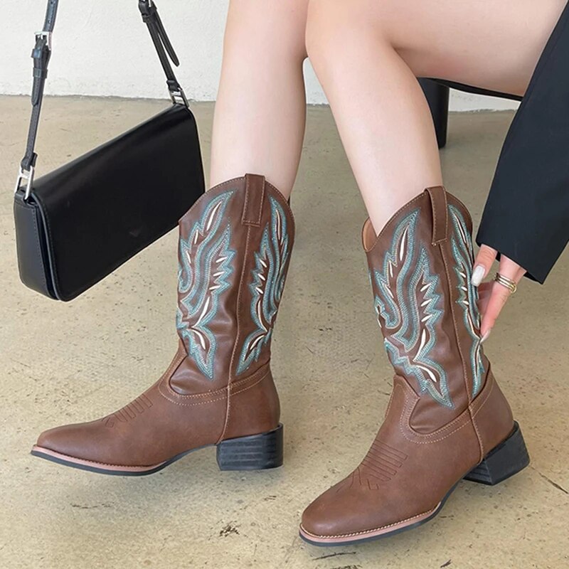 Retro Embroidered Autumn Winter Western PU Leather Mid-Calf Boots For Women GOMINGLO