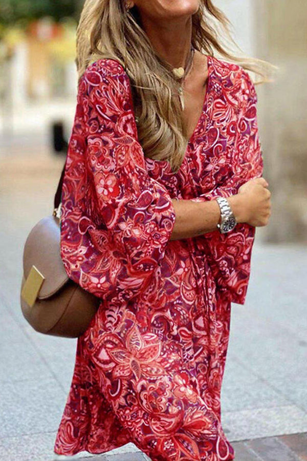 Retro Floral Print Flare Sleeves Mini Dress GOMINGLO