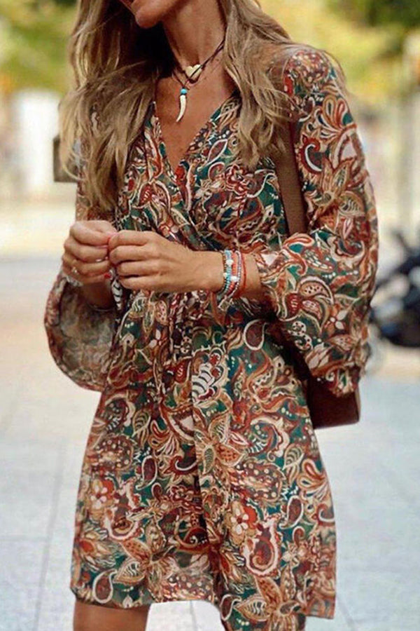 Retro Floral Print Flare Sleeves Mini Dress GOMINGLO