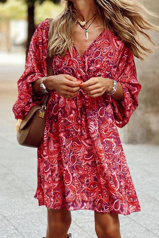 Retro Floral Print Flare Sleeves Mini Dress GOMINGLO