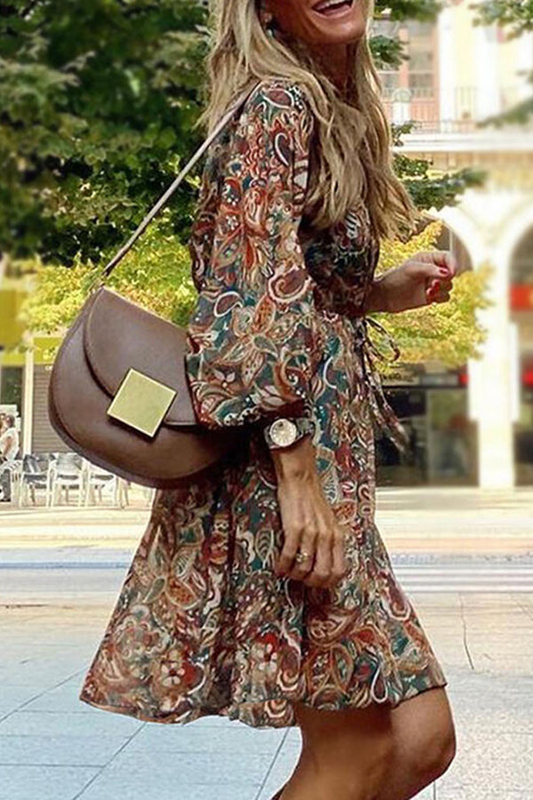 Retro Floral Print Flare Sleeves Mini Dress GOMINGLO