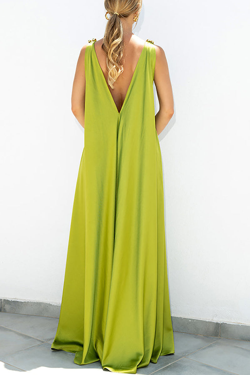 Retro V-Neck Backless Pleated Sling Maxi Dress GOMINGLO