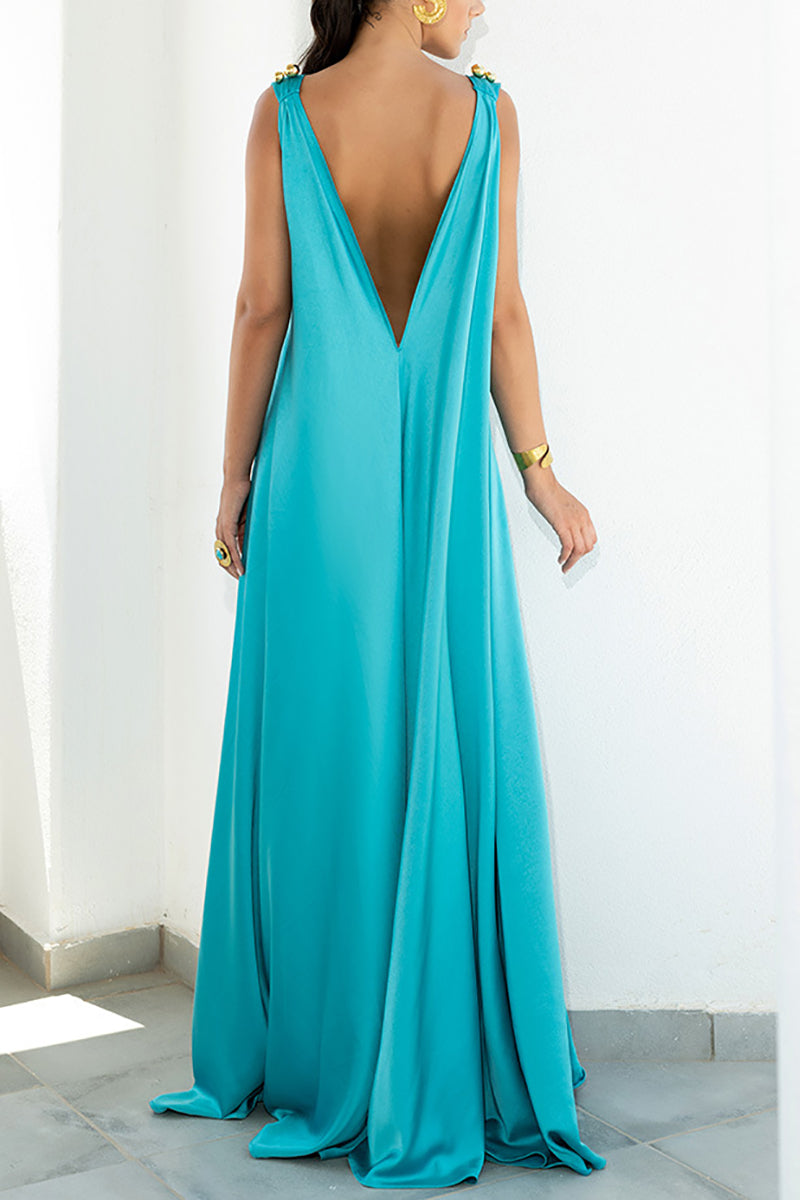 Retro V-Neck Backless Pleated Sling Maxi Dress GOMINGLO