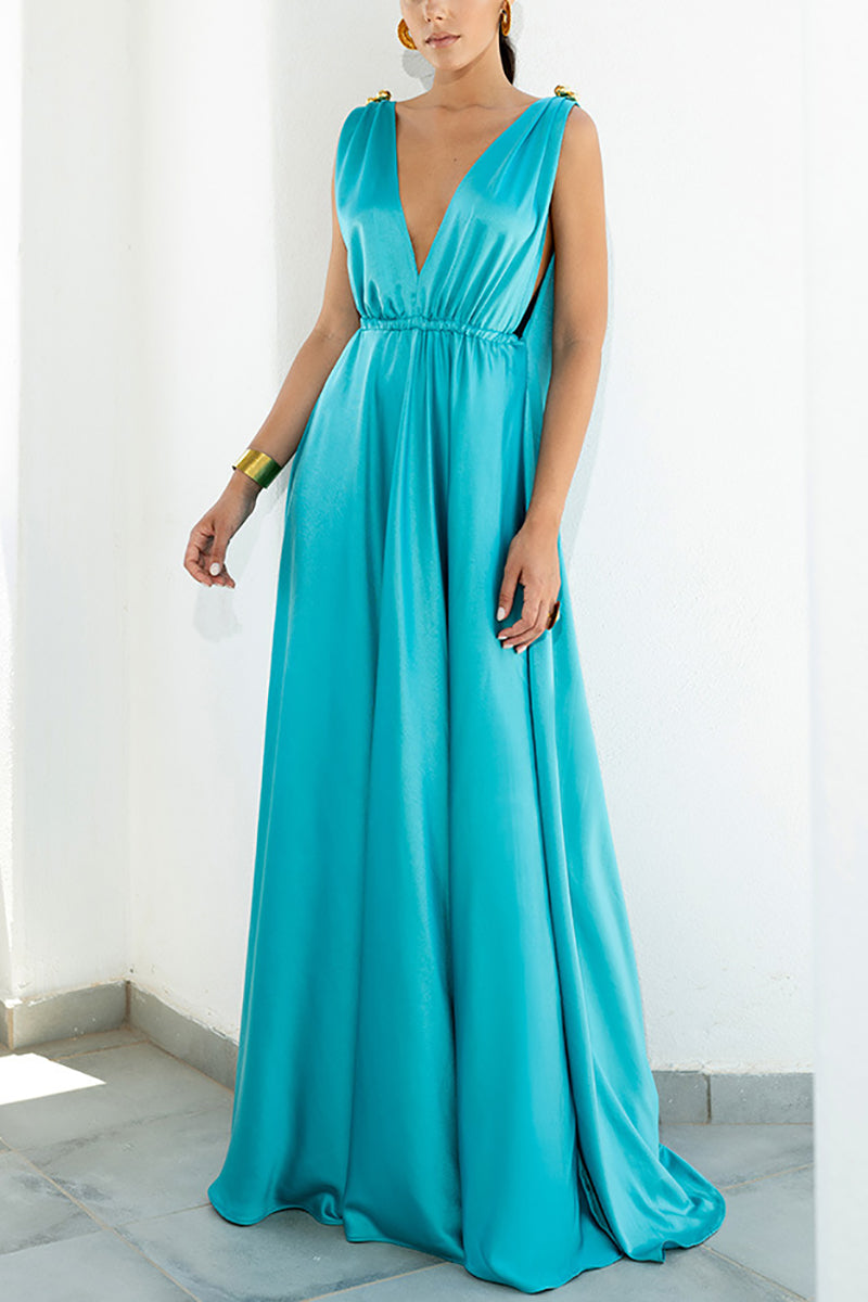 Retro V-Neck Backless Pleated Sling Maxi Dress GOMINGLO