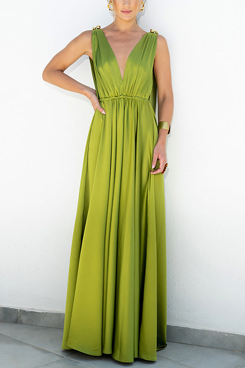 Retro V-Neck Backless Pleated Sling Maxi Dress GOMINGLO