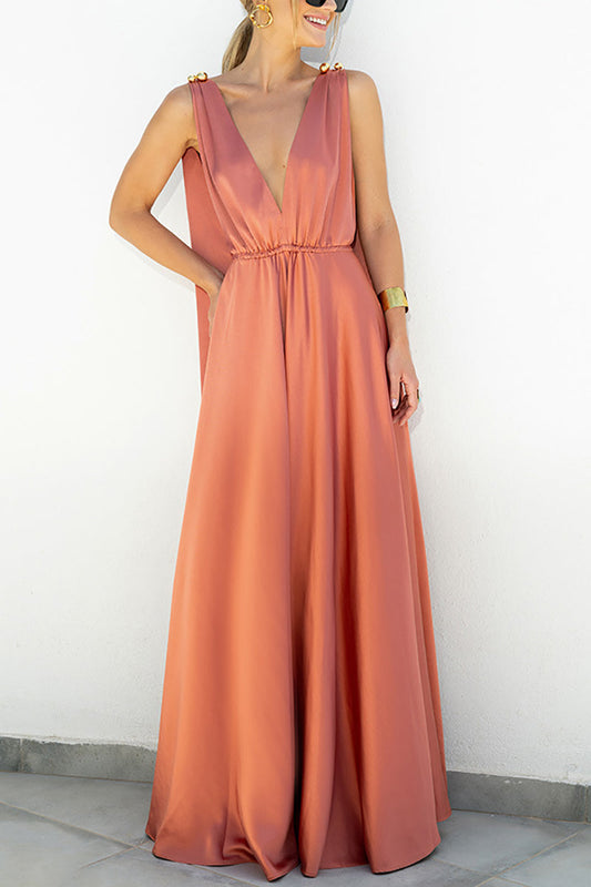 Retro V-Neck Backless Pleated Sling Maxi Dress GOMINGLO