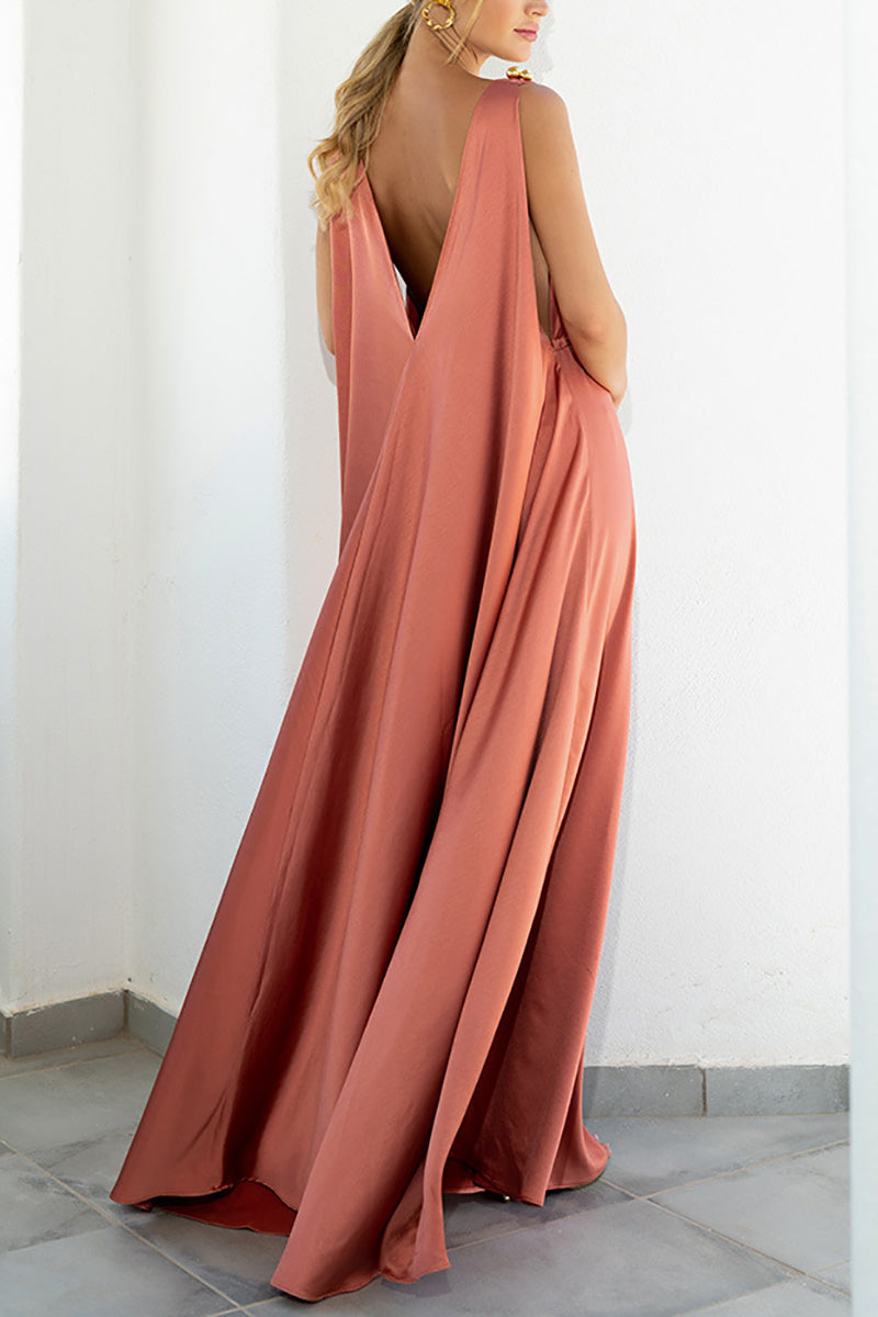 Retro V-Neck Backless Pleated Sling Maxi Dress GOMINGLO