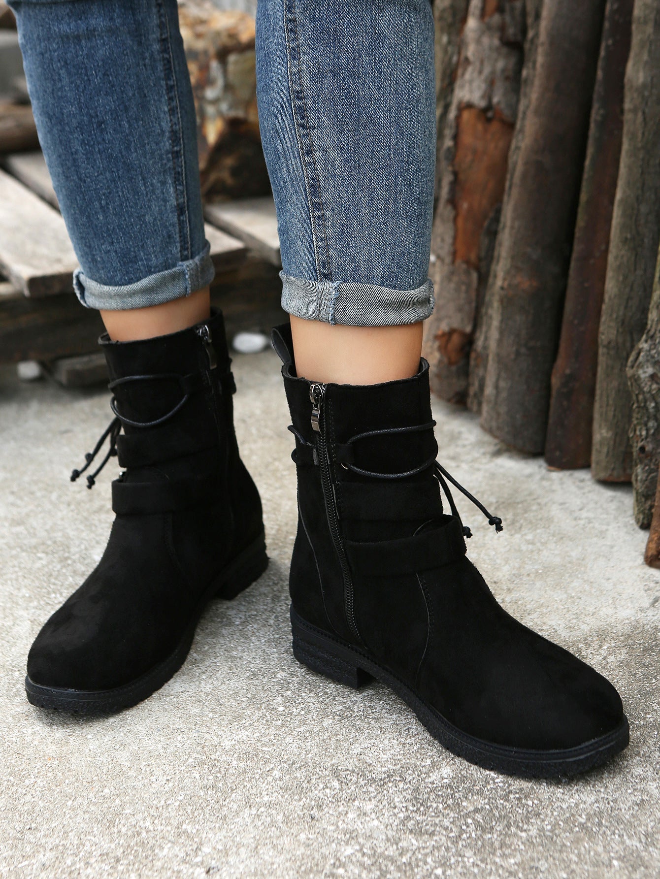 Round Toe Side Zipper Low Heel Plus Size Short Boots GOMINGLO