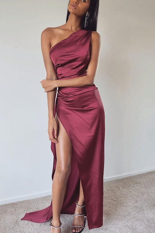 Ruched Slit One Shoulder Irregular Maxi Dress GOMINGLO