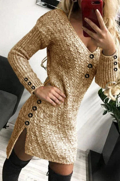 Deep V-Neck Long Sleeve Mini Dress