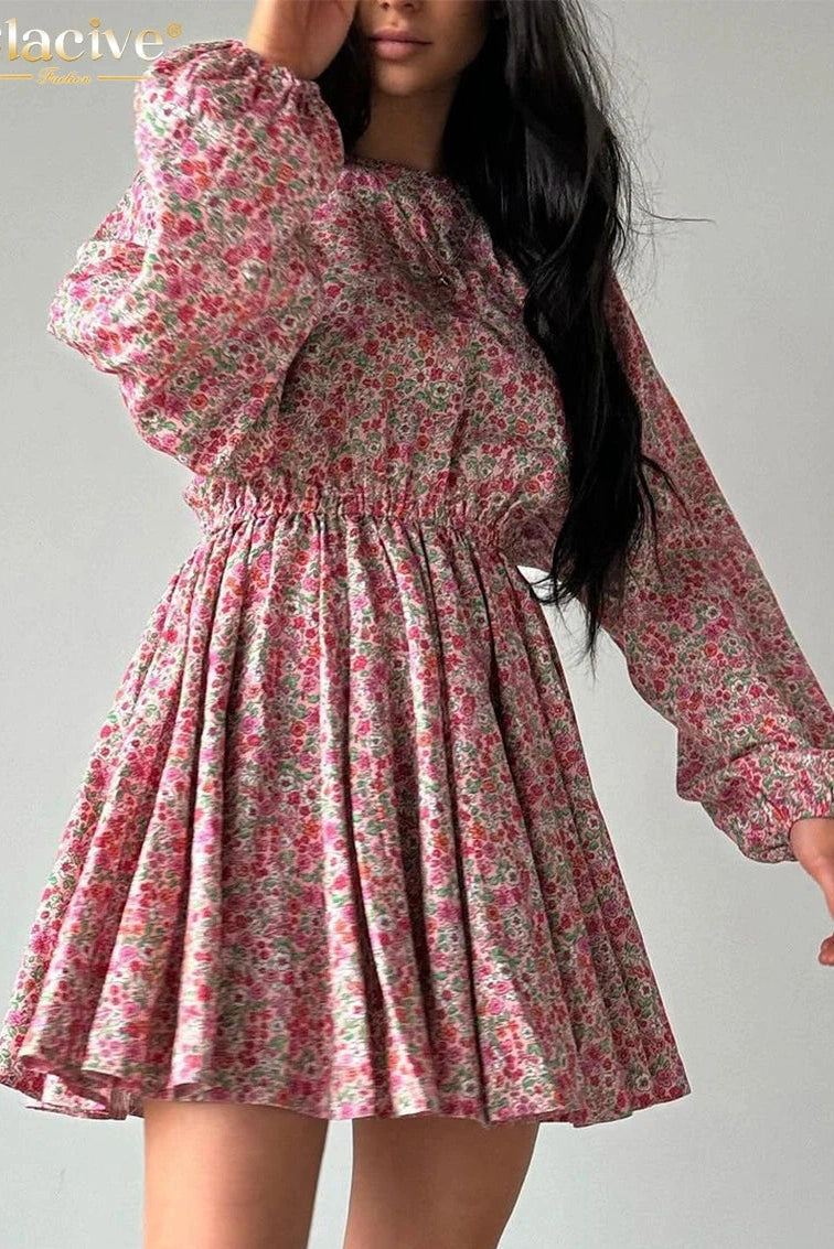 Print O-Neck Puff Sleeve Mini Dress