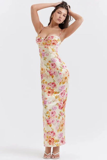 Floral Print Spaghetti Strap Backless Maxi Dress